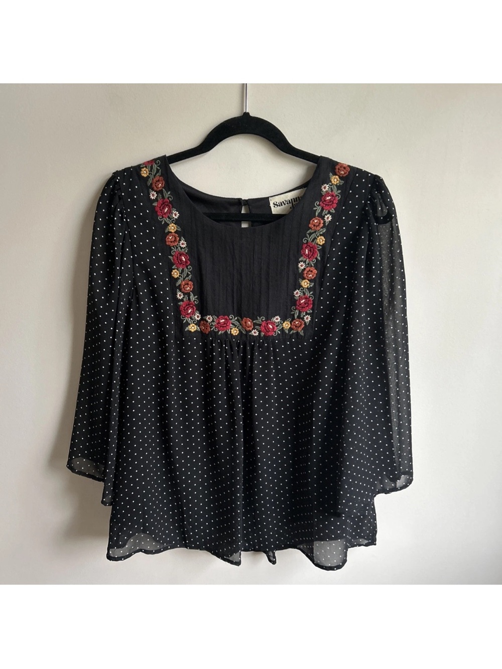 Savanna Jane black floral embroidered Lined Long Sleeve Blouse top size M